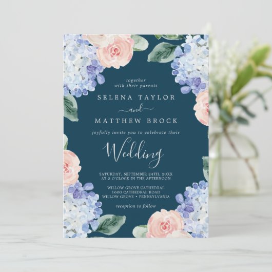青エレガント紫陽花 |ネイビー結婚ズ 招待状 (スタンド正面)