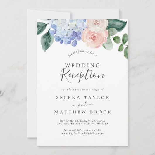 青エレガント紫陽花 |ホワイトウェディングレセプション 招待状 (正面)