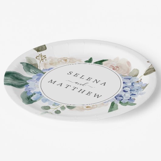 青エレガント紫陽花 |ホワイト結婚ズケーキ ペーパープレート (アングル)