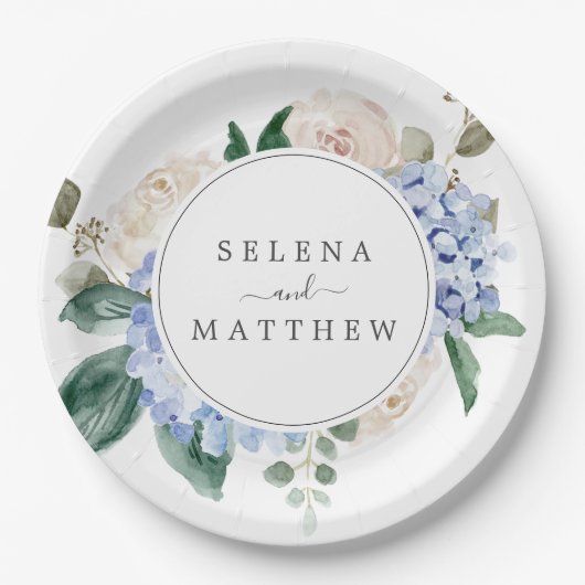 青エレガント紫陽花 |ホワイト結婚ズケーキ ペーパープレート (正面)