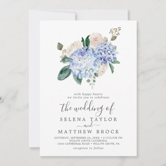 青エレガント紫陽花 |全体を白結婚く 招待状 (正面)