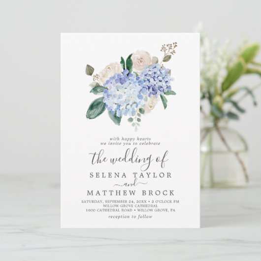 青エレガント紫陽花 |全体を白結婚く 招待状 (スタンド正面)