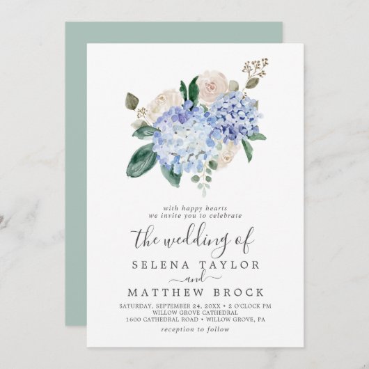 青エレガント紫陽花 |全体を白結婚く 招待状 (正面/裏面)