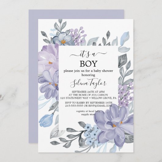 青エレガント紫陽花 | 男の子の赤ん坊のシャワー 招待状 (正面/裏面)