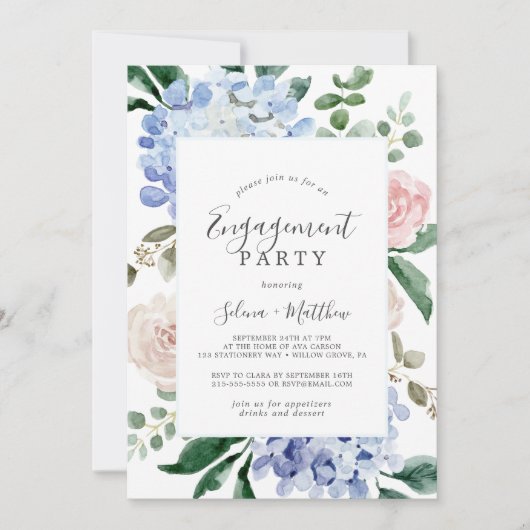 青エレガント紫陽花 |白い婚約パーティ 招待状 (正面)