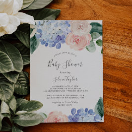 青エレガント紫陽花 |白い赤ちゃんシャワー 招待状