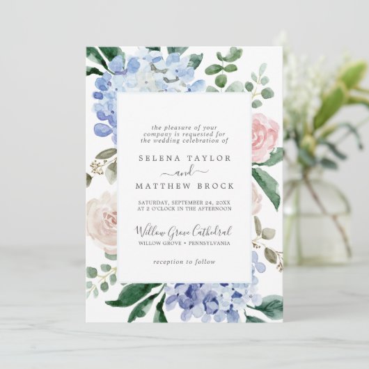青エレガント紫陽花 |白フォーマル結婚の 招待状 (スタンド正面)