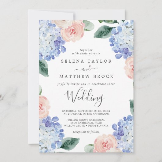 青エレガント紫陽花 |白結婚色 招待状 (正面)