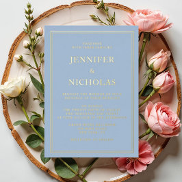 青エレガント結婚フォーマル金ゴールド 箔招待状