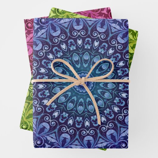青エレガント緑と紫のフローラ ラッピングペーパーシート (インサイチュ)