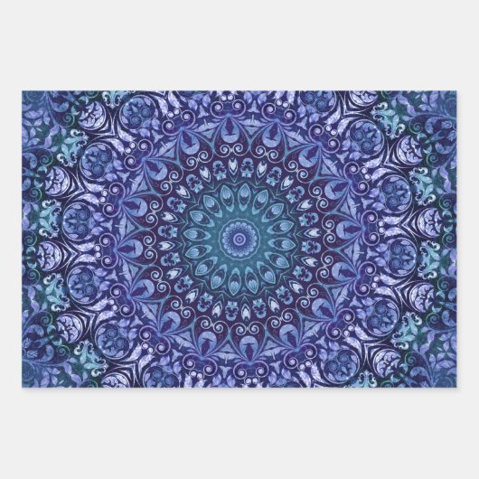 青エレガント緑と紫のフローラ ラッピングペーパーシート (正面)