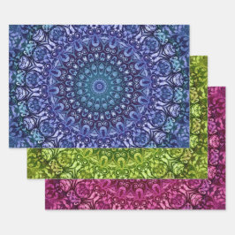 青エレガント緑と紫のフローラ ラッピングペーパーシート