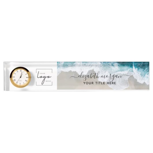 青エレガント緑のビーチカスタムスクリプトロゴ デスクネームプレート (正面)