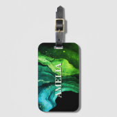 青エレガント緑の大理石アートフェイクグリッター ラゲッジタグ (正面縦)