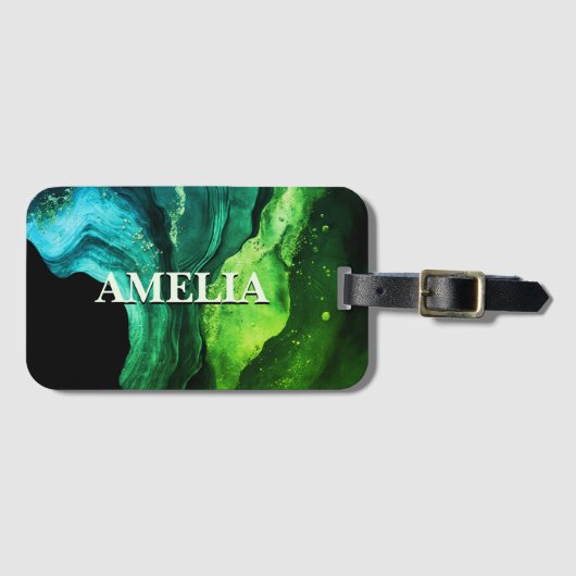 青エレガント緑の大理石アートフェイクグリッター ラゲッジタグ (正面横)