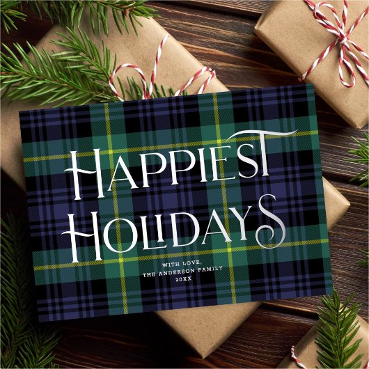青エレガント緑タータンチェッククリスマス非写真 箔シーズンカード