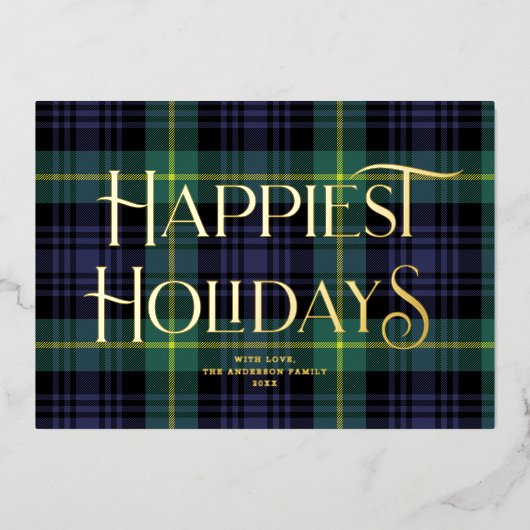 青エレガント緑タータンチェッククリスマス非写真 箔シーズンカード (正面)