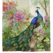 青エレガント緑ピーコックピンクの花林 シャワーカーテン (正面)