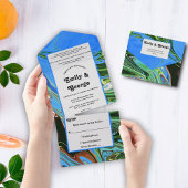 青エレガント緑抽象芸術油画結婚の オールインワン招待状