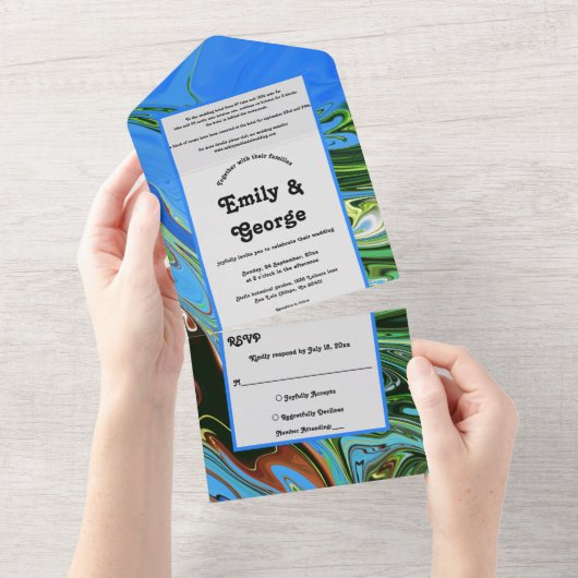 青エレガント緑抽象芸術油画結婚の オールインワン招待状 (貼ってはがせる)