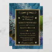 青エレガント緑金ゴールドグリッターアゲート結婚ズ 招待状 (正面/裏面)