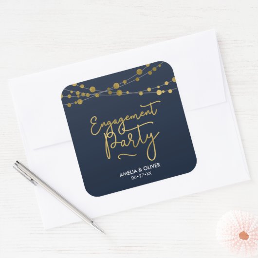 青エレガント線のライト婚約パーティ スクエアシール (封筒)