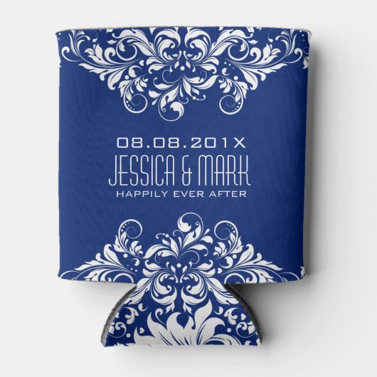 青エレガント背景の白いレース 缶クーラー (正面)