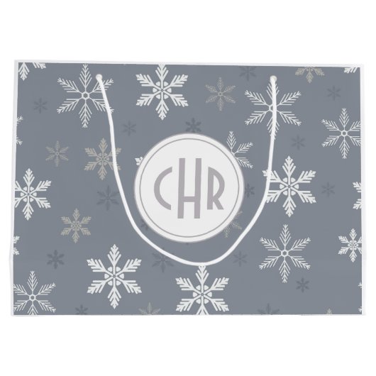 青エレガント背景の雪片 ラージペーパーバッグ (裏面)