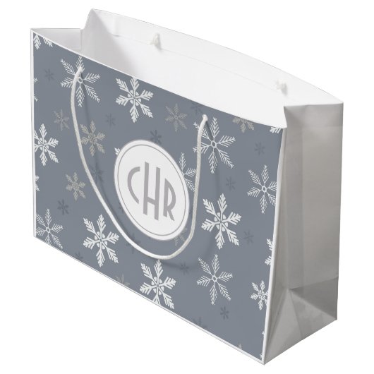 青エレガント背景の雪片 ラージペーパーバッグ (裏面アングル)