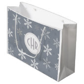 青エレガント背景の雪片 ラージペーパーバッグ (正面アングル)