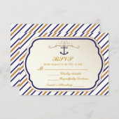 青エレガント航海のストライプの金ゴールドいかりRSVP 出欠カード (正面/裏面)