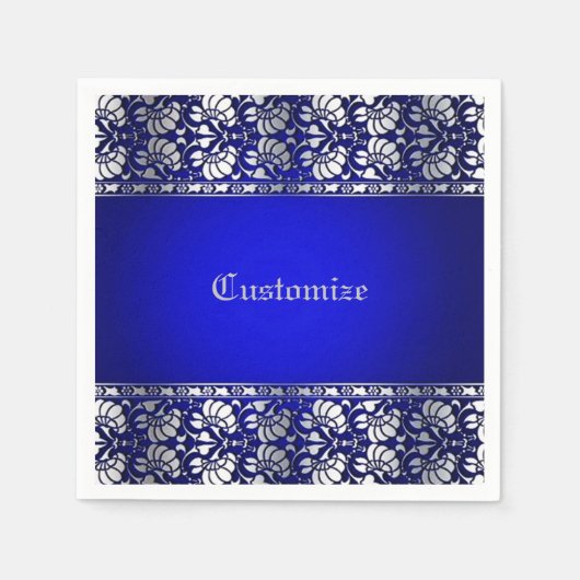 青エレガント色とシルバーパーソナライズされた スタンダードカクテルナプキン (正面)