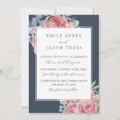 青エレガント色とピンク色のバラ結婚 招待状 (正面)