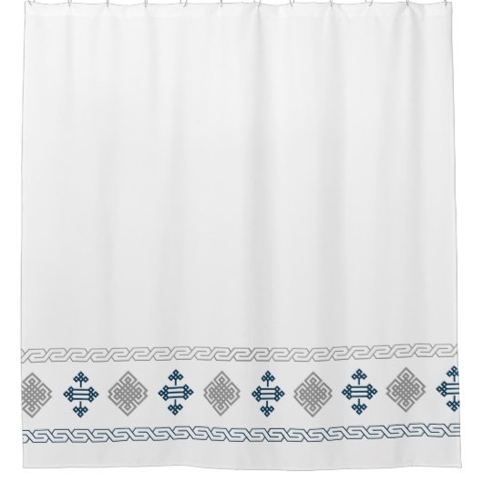 青エレガント色と灰色のモンゴル模様 シャワーカーテン (正面)