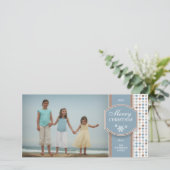 青エレガント色と白のパターンのクリスマスフォトカード シーズンカード (スタンド正面)