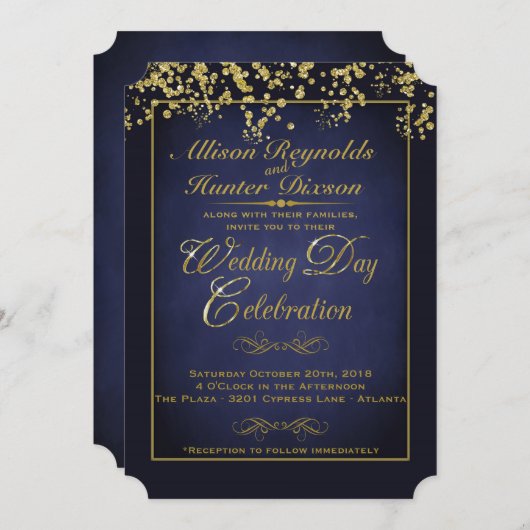 青エレガント色と金ゴールドグリッター結婚式招待状 招待状 (正面/裏面)