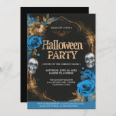 青エレガント色と金ゴールドハローウィンパーティ 招待状 (正面/裏面)