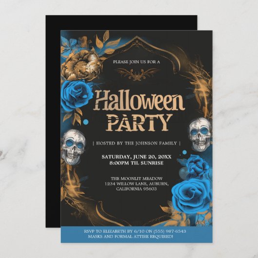 青エレガント色と金ゴールドハローウィンパーティ 招待状 (正面/裏面)
