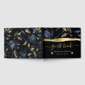 青エレガント色と金ゴールドバラの結婚フローラ ゲストブック (全面)