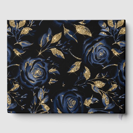 青エレガント色と金ゴールドバラの結婚フローラ ゲストブック (裏面)