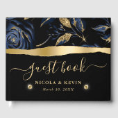 青エレガント色と金ゴールドバラの結婚フローラ ゲストブック (正面)