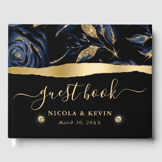 青エレガント色と金ゴールドバラの結婚フローラ ゲストブック (正面)