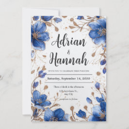 青エレガント色と金ゴールドフローラ結婚式招待状 招待状