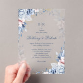 青エレガント色と金ゴールド水色のフローラ結婚 アクリル招待状 (インサイチュ (ポータブル))