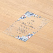 青エレガント色と金ゴールド水色のフローラ結婚 アクリル招待状 (レイダウン)