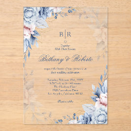 青エレガント色と金ゴールド水色のフローラ結婚 アクリル招待状