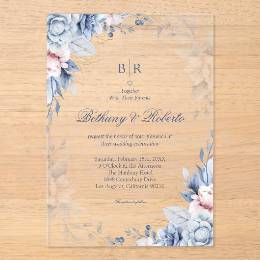 青エレガント色と金ゴールド水色のフローラ結婚 アクリル招待状 (正面)