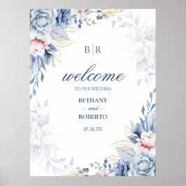 青エレガント色と金ゴールド水色のフローラ結婚 ポスター