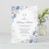 青エレガント色と金ゴールド水色のフローラ結婚 招待状 (スタンド正面)