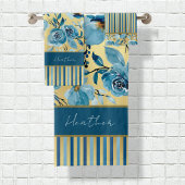 青エレガント色と金ゴールド水色フローラストライプの バスタオルセット